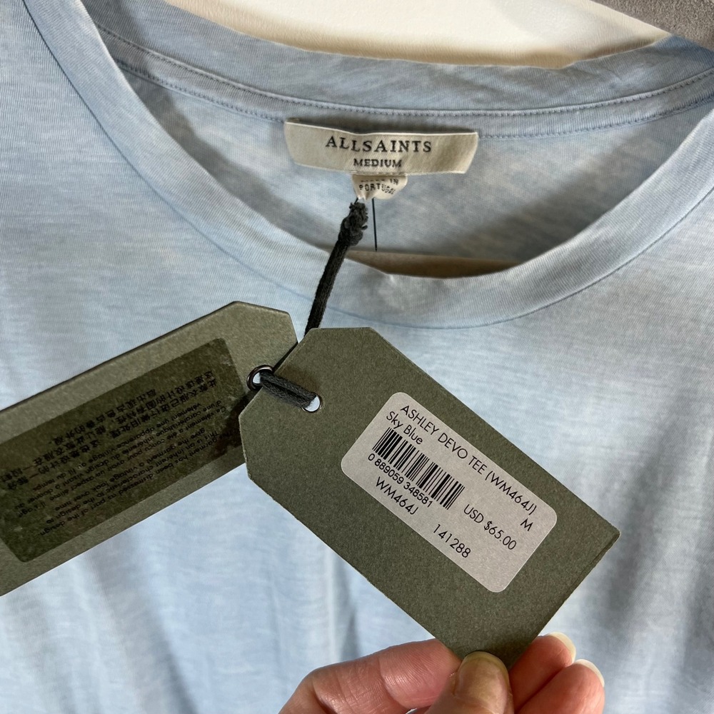 AllSaints Ashley Devo Tee Sky Blue Front Knot Cotton Blend T-Shirt Medium casual - Picture 5 of 10